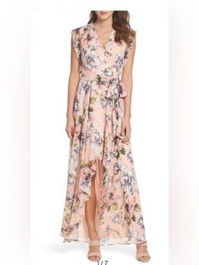 ELIZA J MAXI DRESS - PEACH FLORAL CHIFFON, LINED, BACK ZIP, HIGH LOW HEM  SIZE 6